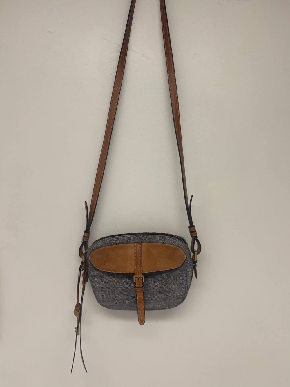 Fossil Kendall Crossbody Bag Leather and Fabric with Charm